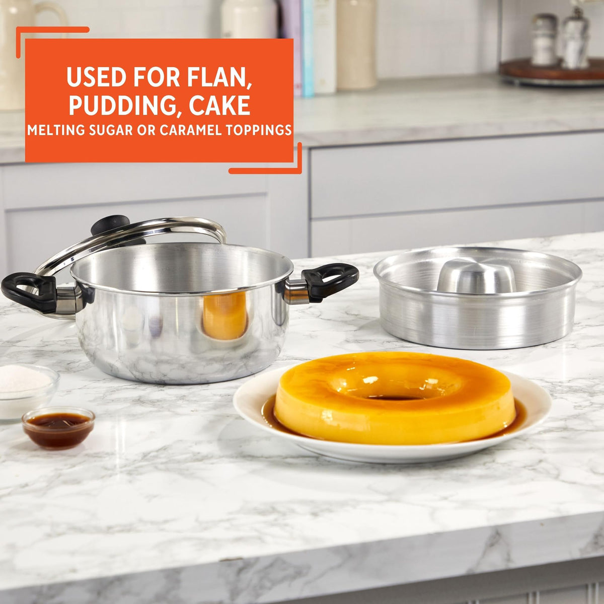 IMUSA flan double boiler compact design fits neatly in crowded kitchens.