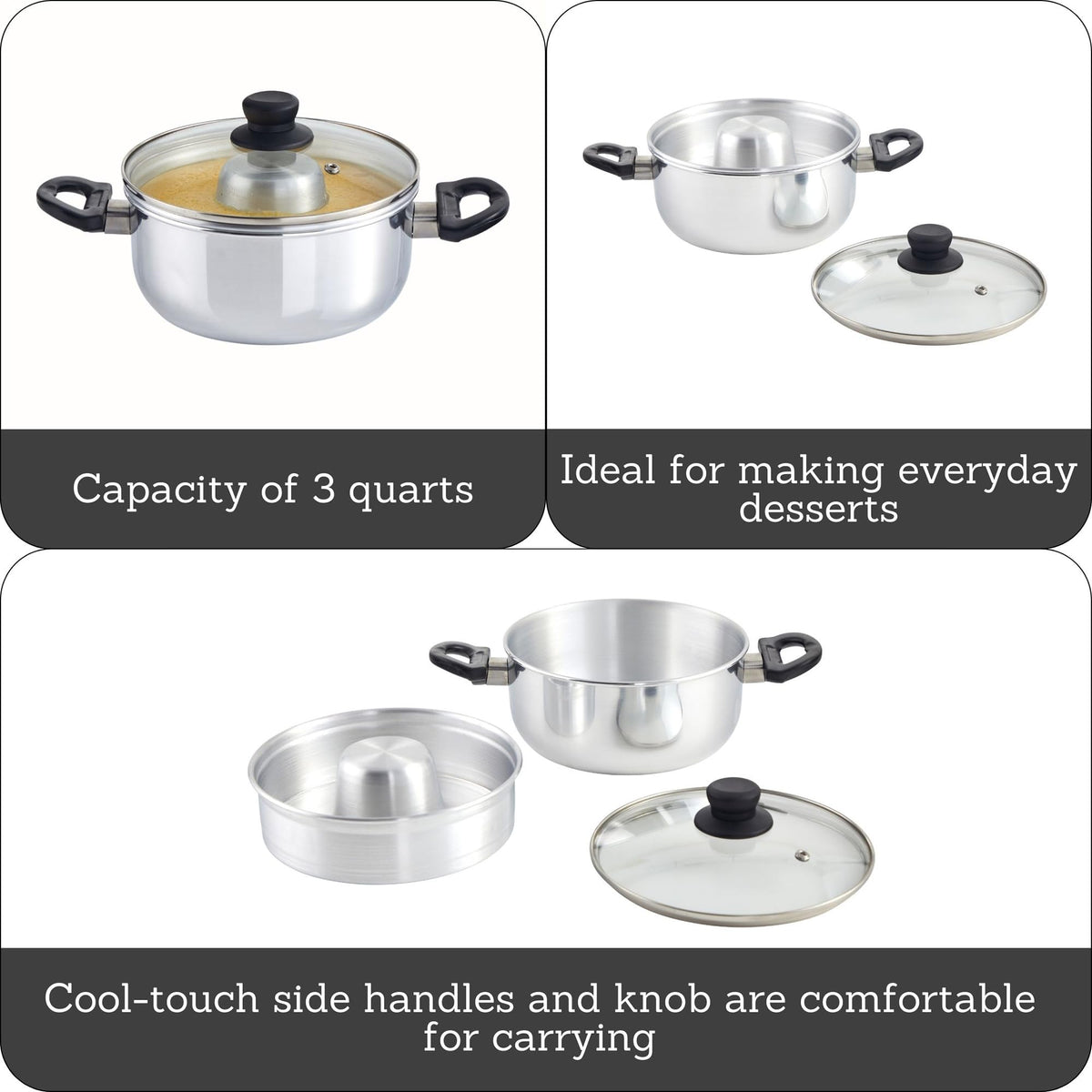 IMUSA flan double boiler glass lid lets you monitor progress without heat loss.