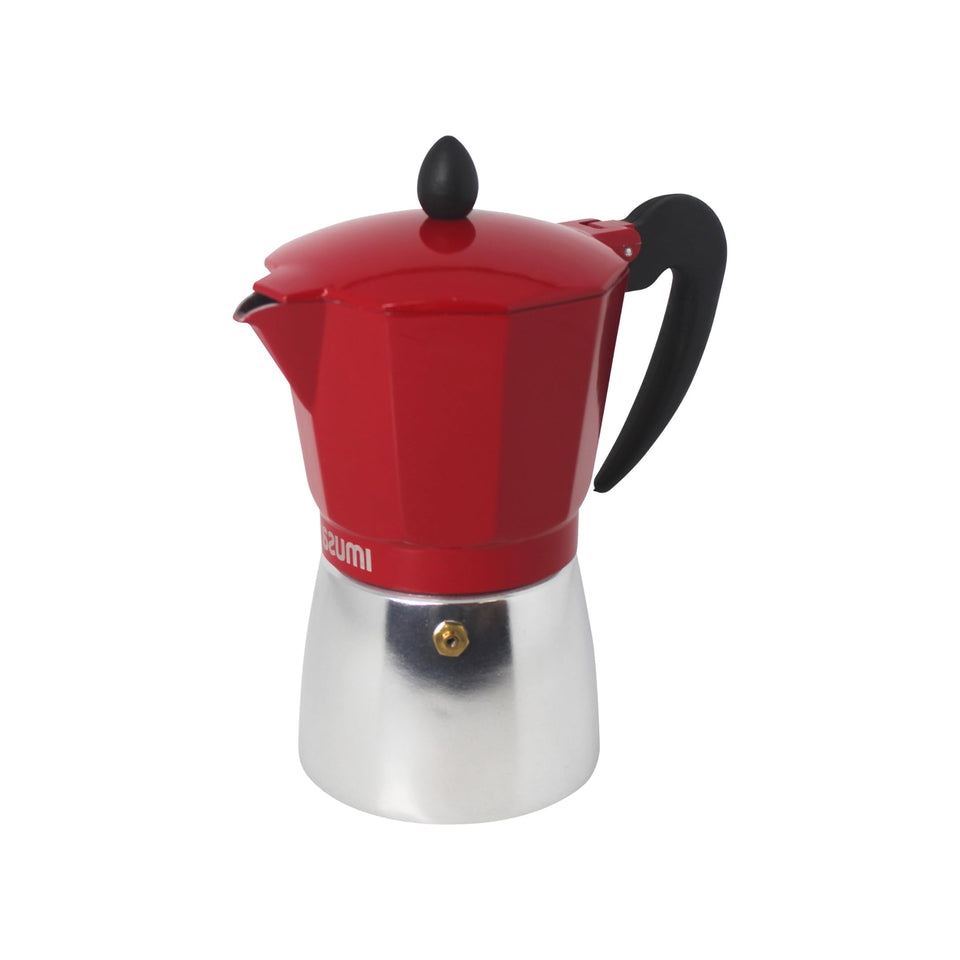 Imusa 6-cup red stovetop coffeemaker front view ready to brew espresso at home.