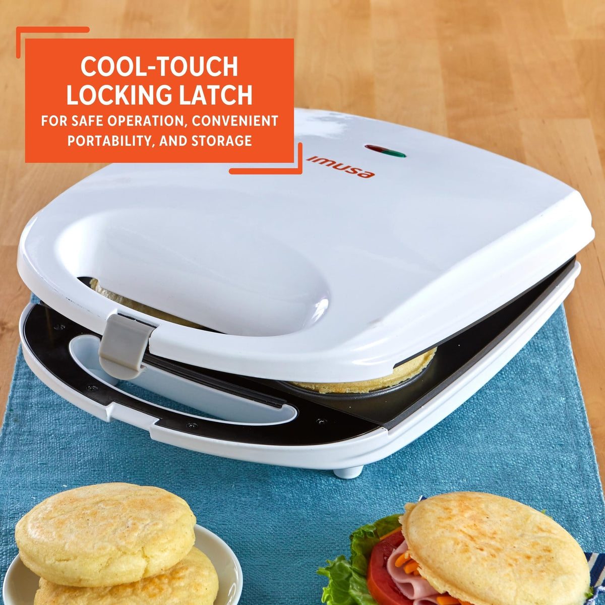 Imusa GAU-80300 cool-touch latch ensures safe storage and handling.