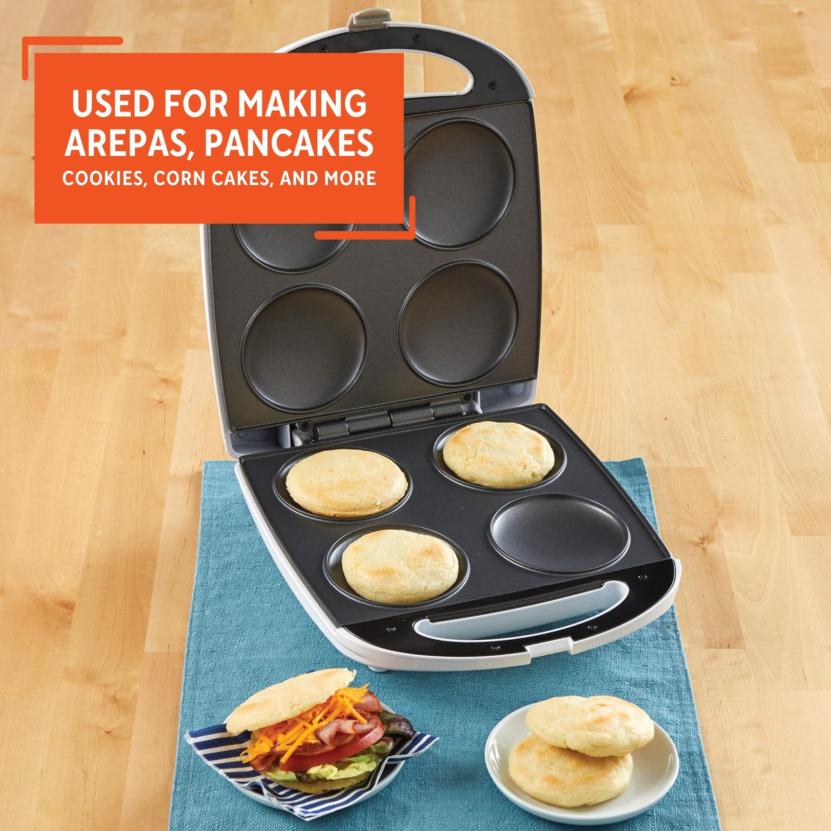 Imusa GAU-80300 versatile design for arepas, pancakes, cookies, and more.