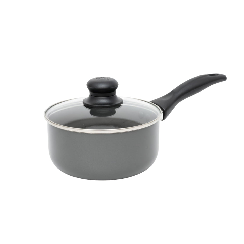 Imusa gray ceramic saucepan 1.5 qt front view for quick sauces and butter melting