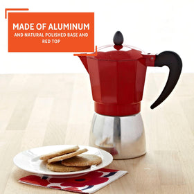 Imusa handle closeup in red coffeemaker illustrating cool-touch grip for safe brewing.