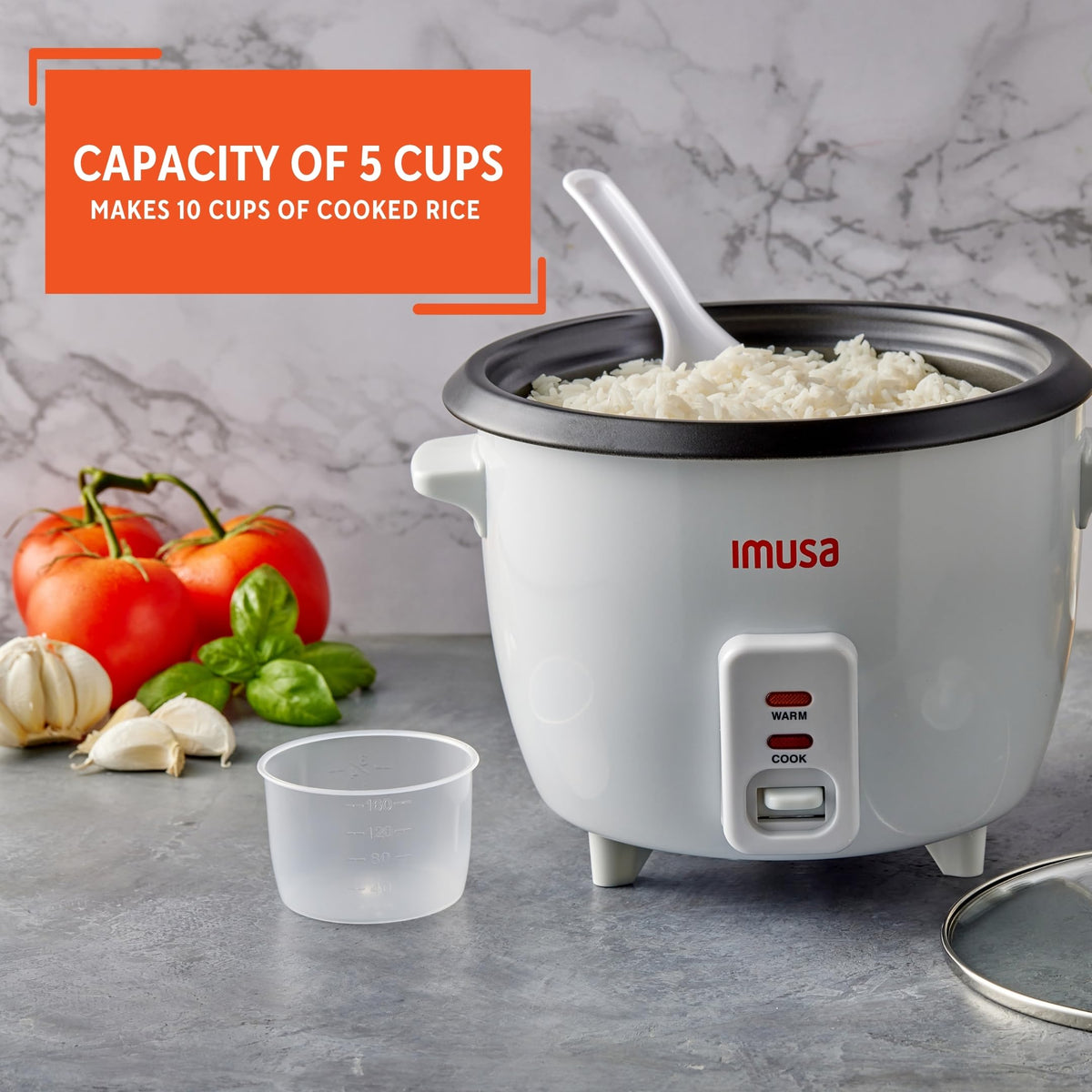 Imusa rice cooker keeps food warm for convenient serving later.