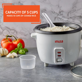 Imusa rice cooker keeps food warm for convenient serving later.