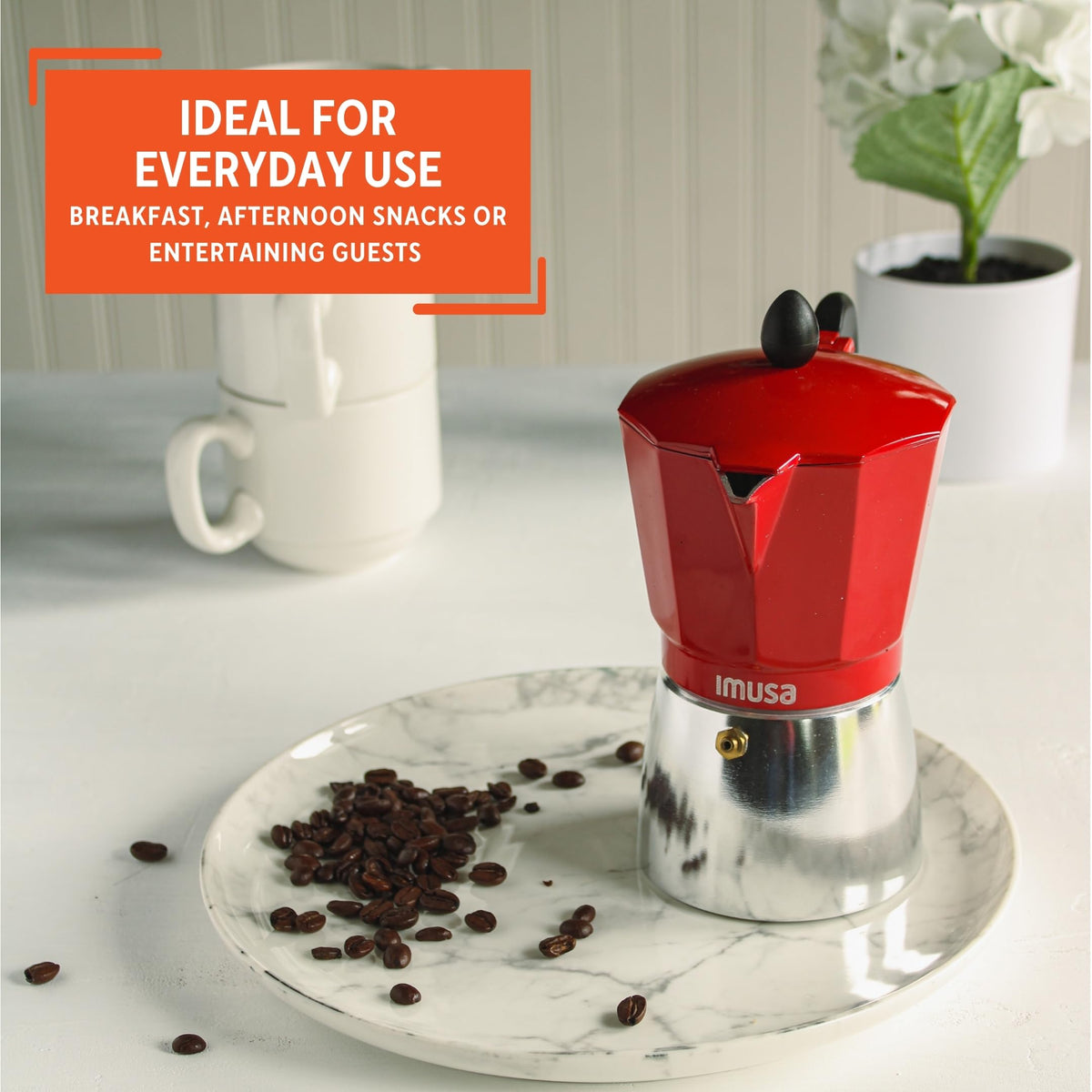 Imusa kitchen setup image hints at stylish coffee moments with this red unit.