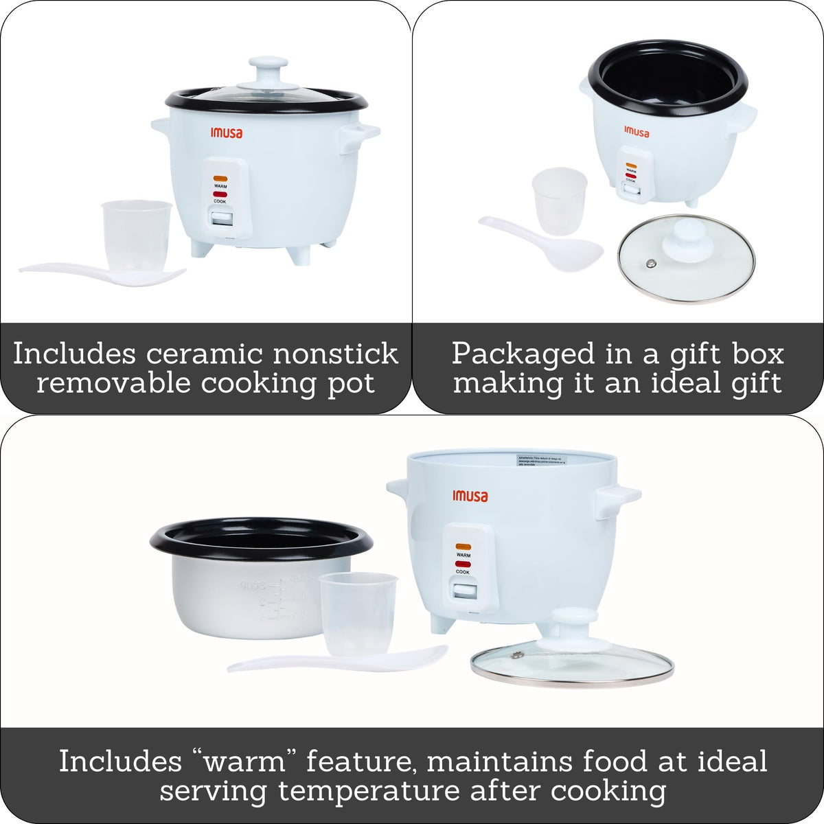 Imusa mini electric rice cooker ceramic nonstick pot enables easy cleaning.