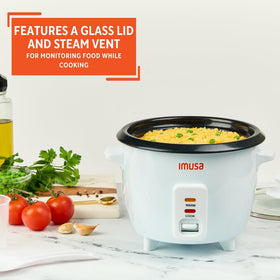 Imusa mini electric rice cooker cool-touch handles for safe transport.