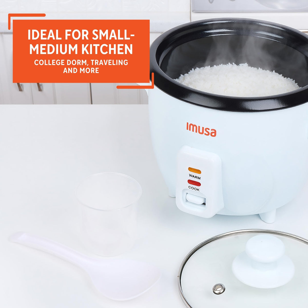 Imusa mini electric rice cooker dorm-kitchen friendly compact design.