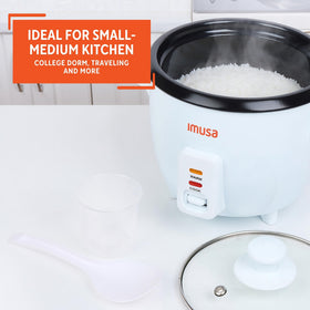 Imusa mini electric rice cooker dorm-kitchen friendly compact design.