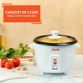 Imusa mini electric rice cooker keep-warm feature preserves warmth after cooking.
