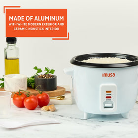 Imusa mini electric rice cooker multi-use appliance ready for rice, quinoa, oats.