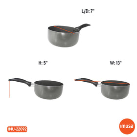Imusa nonstick saucepan exterior and interior for easy cleanup and versatile use.