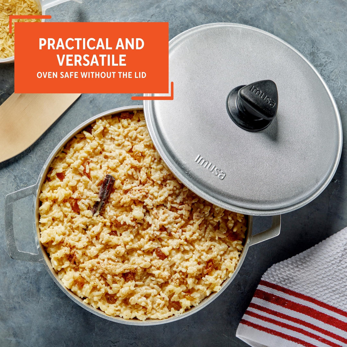 IMUSA caldero is oven-safe without the lid for baking and finishing dishes.