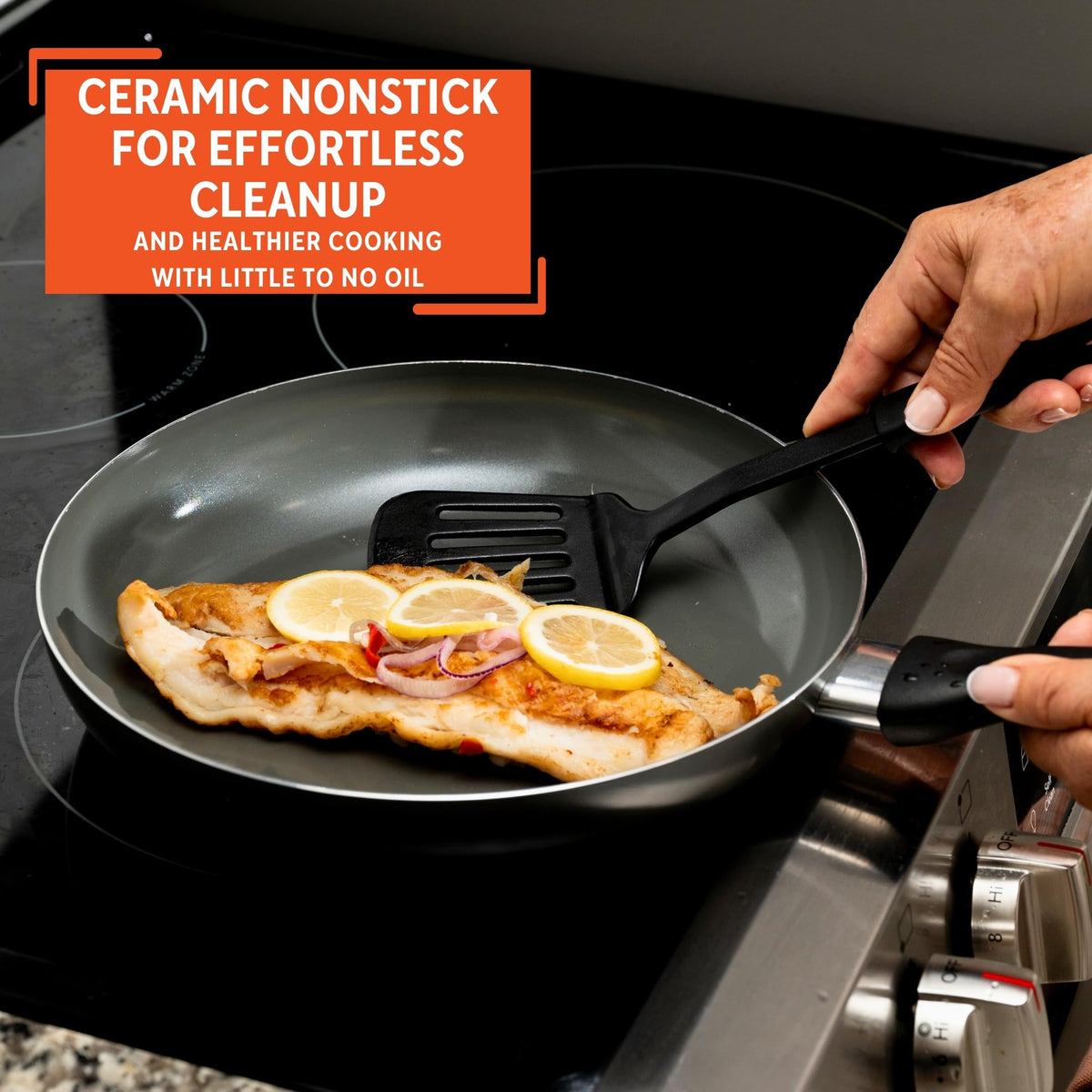 IMUSA 12-inch pan ideal for searing meat and vegetables with even heat.