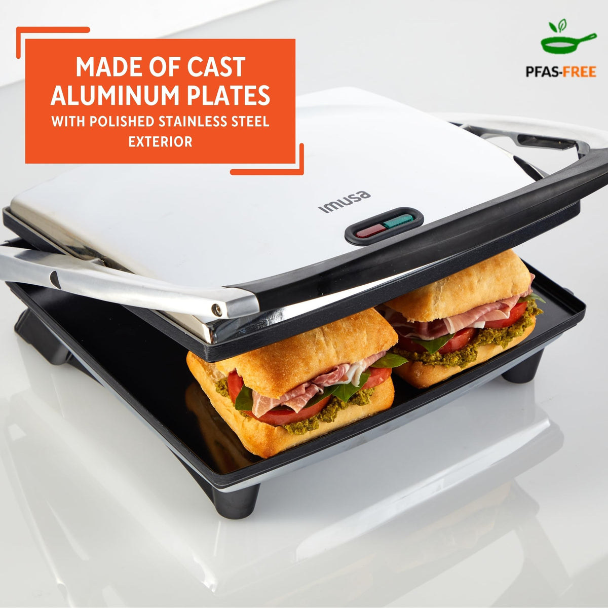 Ceramic nonstick coating on IMUSA panini press top and bottom plates for easy release.