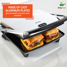 Ceramic nonstick coating on IMUSA panini press top and bottom plates for easy release.