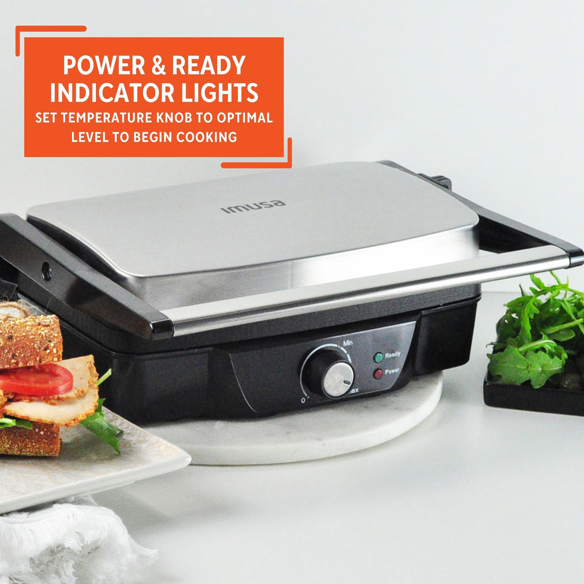 IMUSA Panini Press ready indicator lights show when preheated