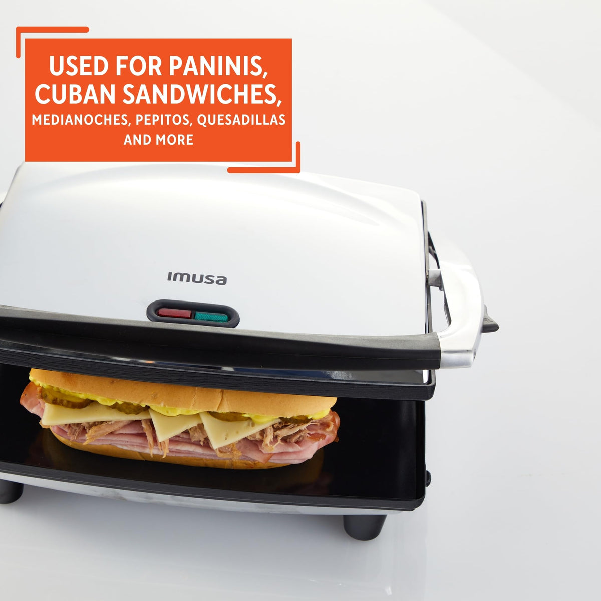 Cuban sandwich assembly on the IMUSA panini press surface for quick meals.
