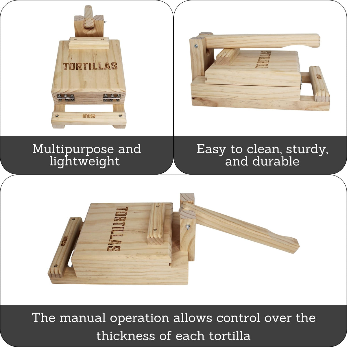 Imusa wood tortilla press side view showing sturdy pine construction