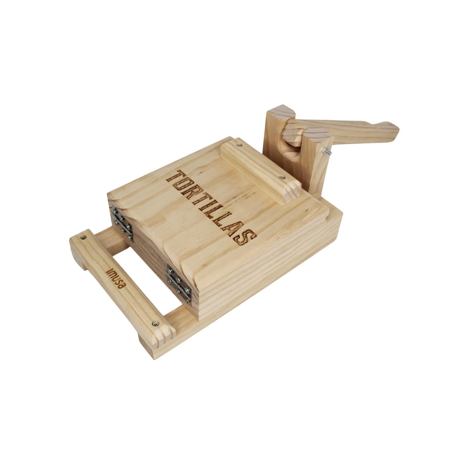 Imusa pine wood tortilla press top view with large surface