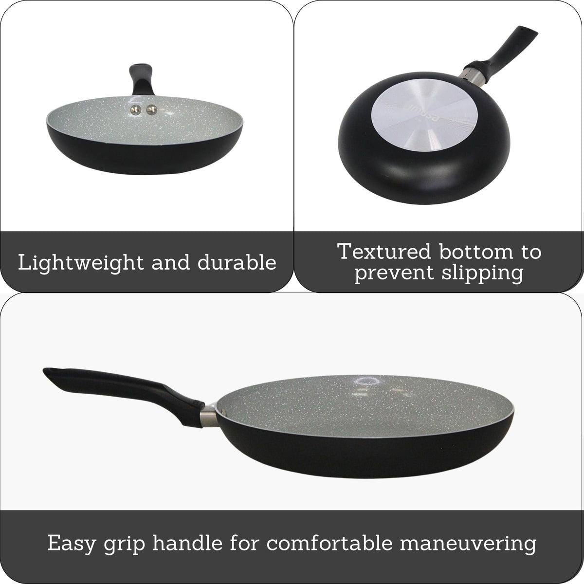 Imusa Premier fry pan with cool touch handle for safe, comfortable flipping