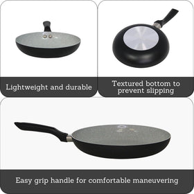 Imusa Premier fry pan with cool touch handle for safe, comfortable flipping