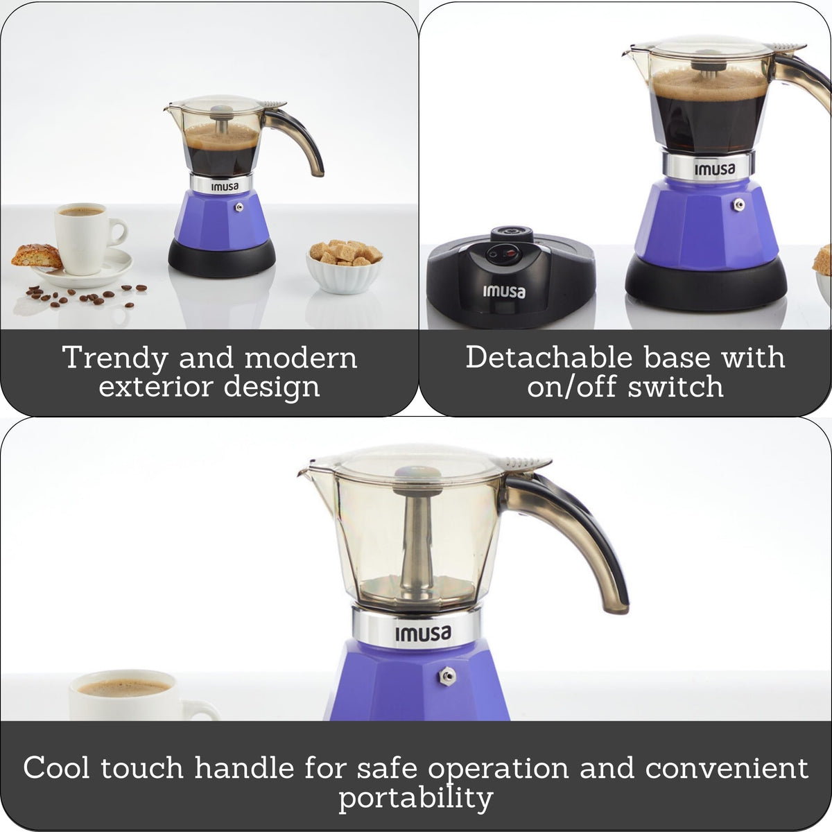 IMUSA Purple Espresso Maker shows 2-cup quick brewing for individuals