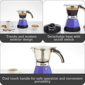 IMUSA Purple Espresso Maker shows 2-cup quick brewing for individuals