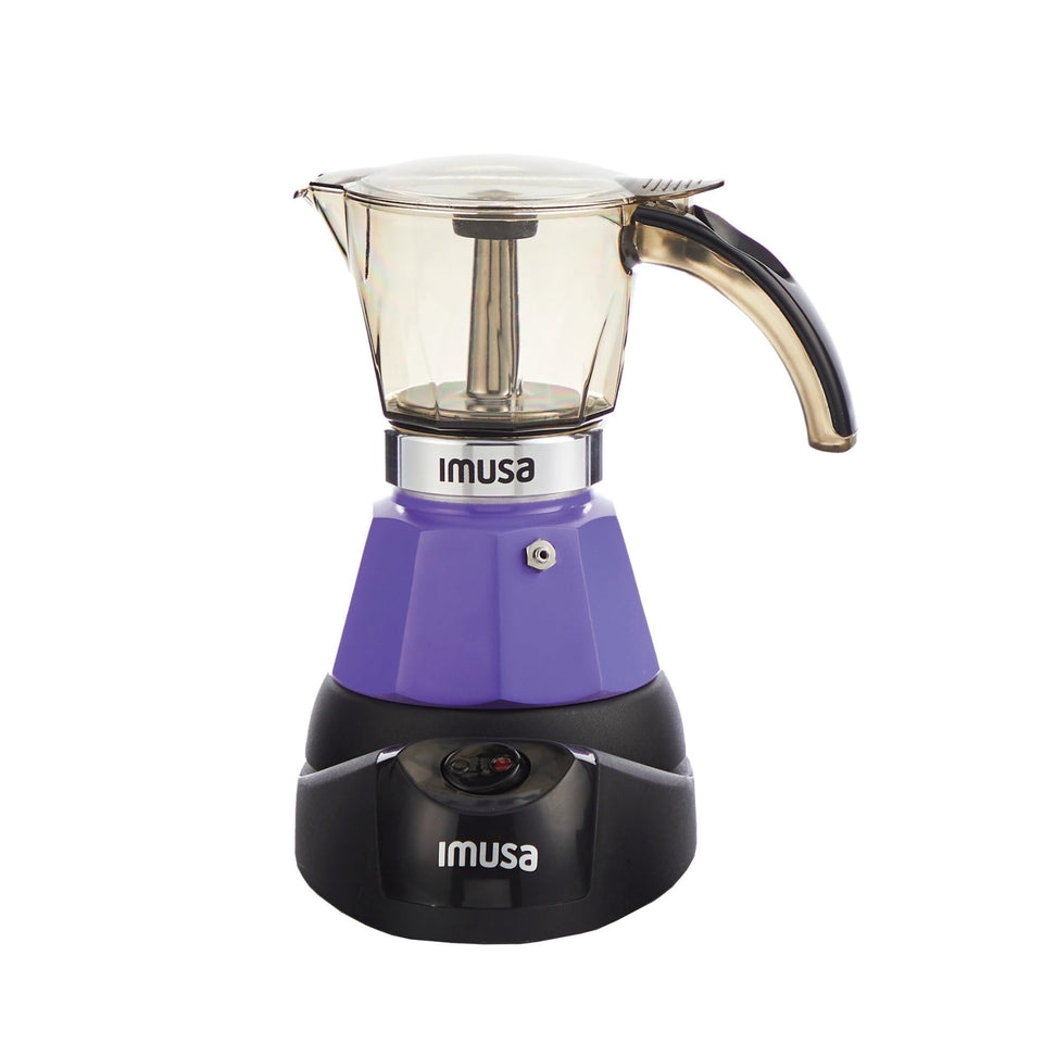 IMUSA Purple Espresso Maker showing 3-cup capacity for gatherings