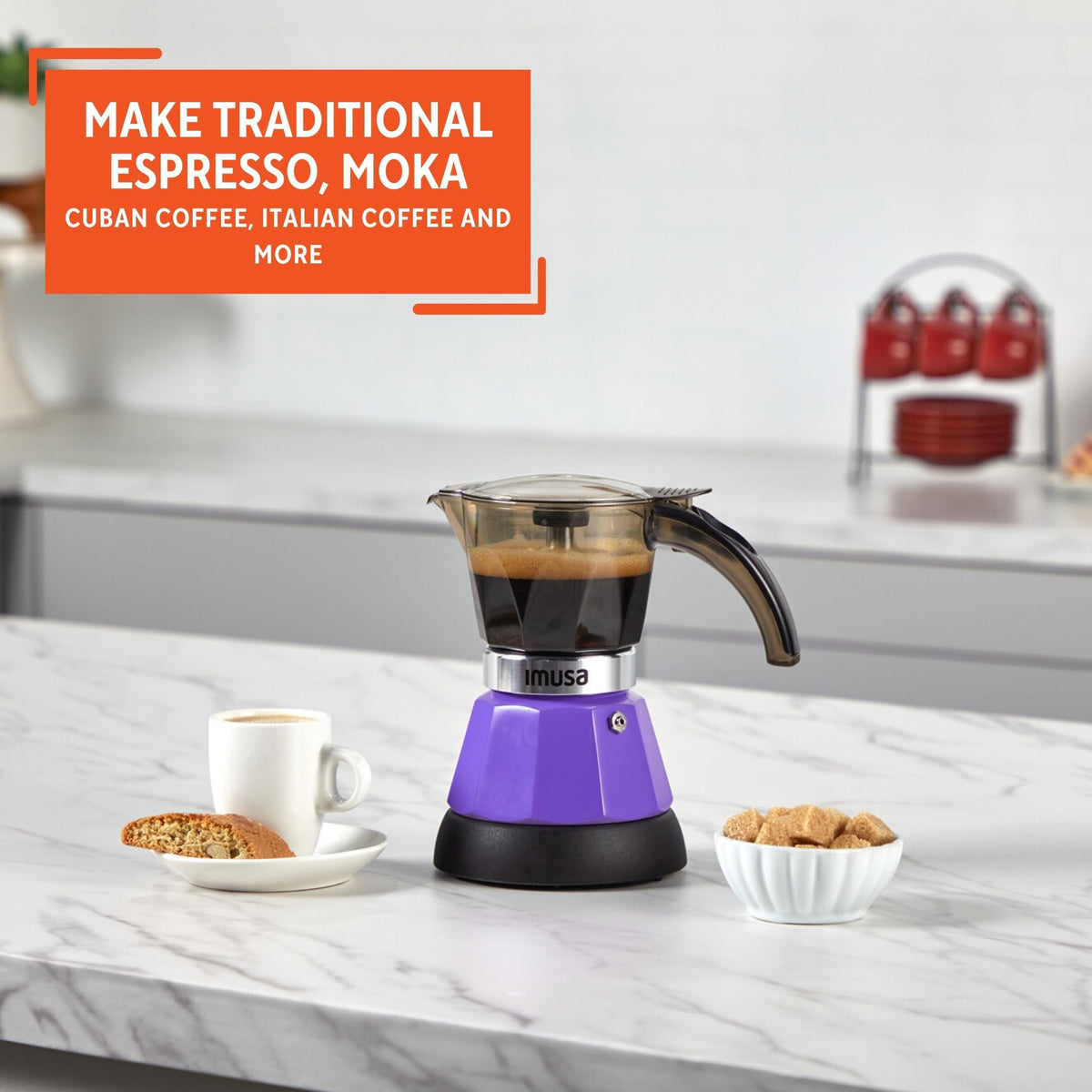 IMUSA Purple Espresso Maker brown-tinted carafe preserves aroma
