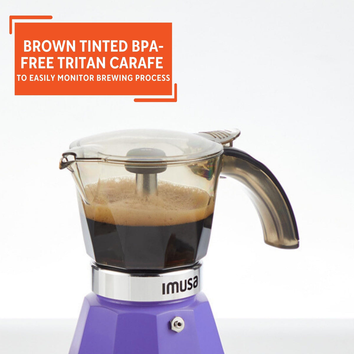IMUSA Purple Espresso Maker with cool-touch handle for safe pouring