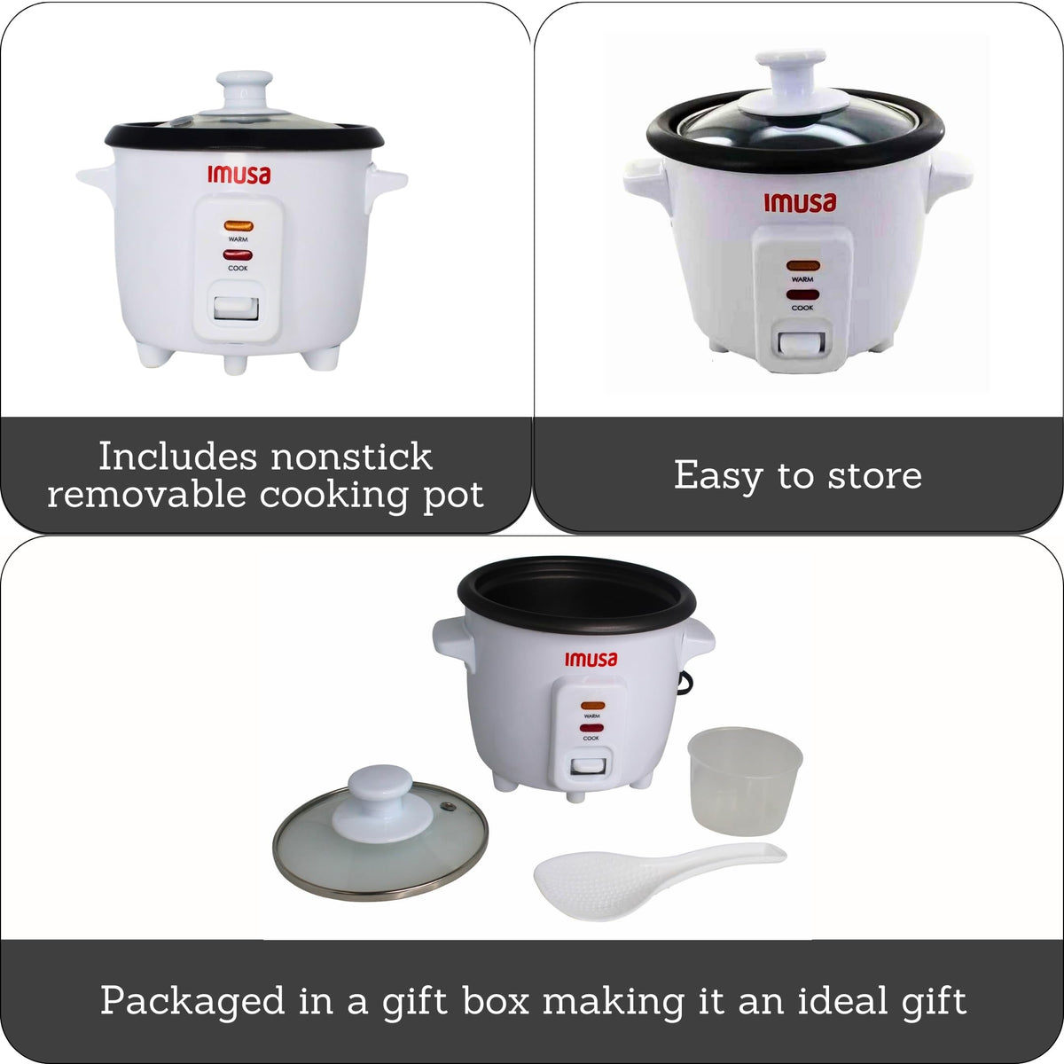 Removable ceramic nonstick pot for easy rice release and cleaning.