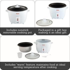 IMUSA rice cooker with lid open showing nonstick inner pot for easy cleaning.
