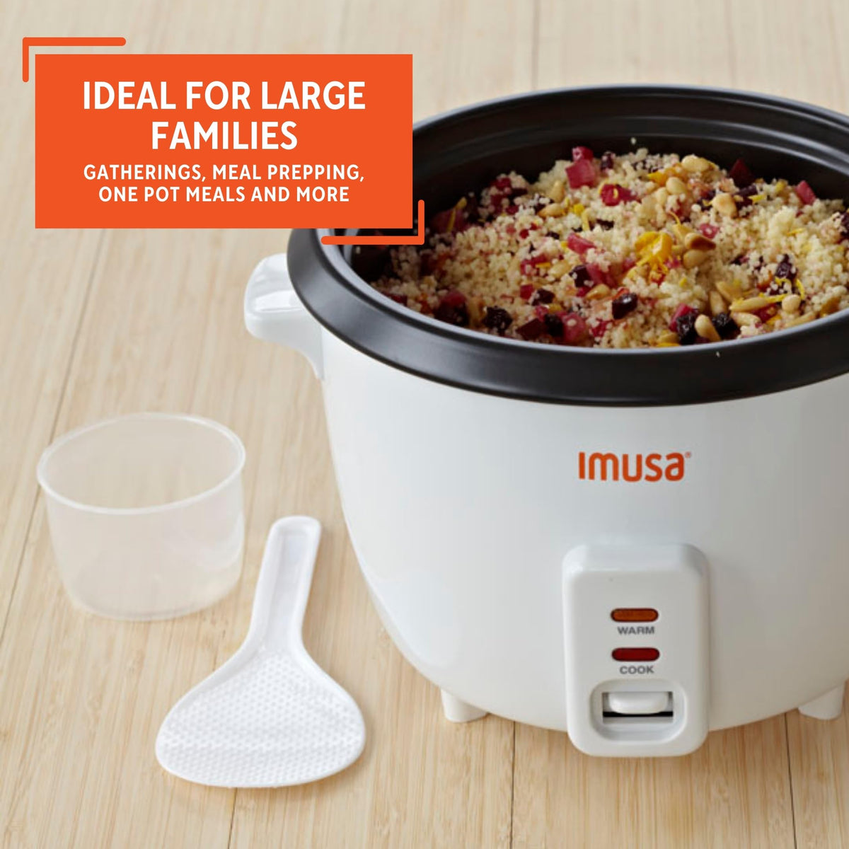 IMUSA rice cooker warming function keeps meals warm for serving.