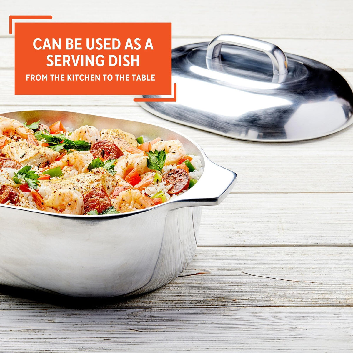 Imusa roaster handles double as serving dishes.