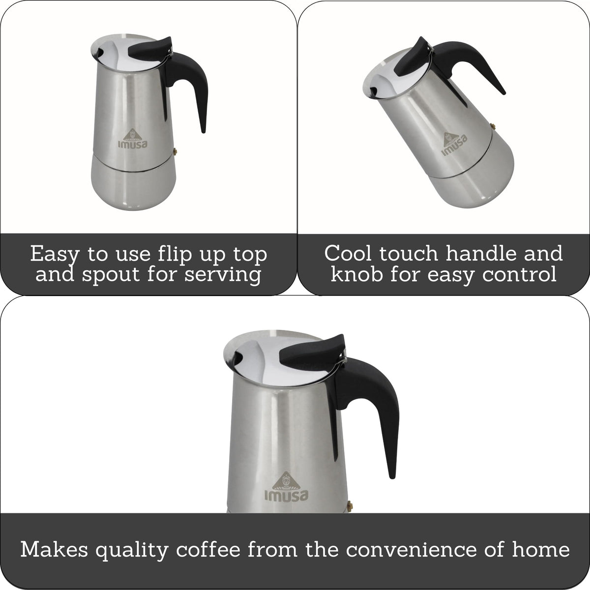 IMUSA coffeemaker handle close-up with cool-touch design for safe pouring