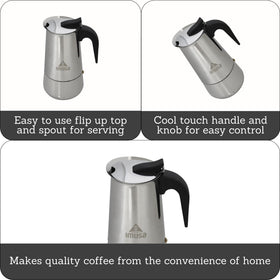 IMUSA coffeemaker handle close-up with cool-touch design for safe pouring