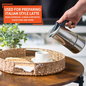 IMUSA coffeemaker on stove demonstrates even heat distribution for aroma