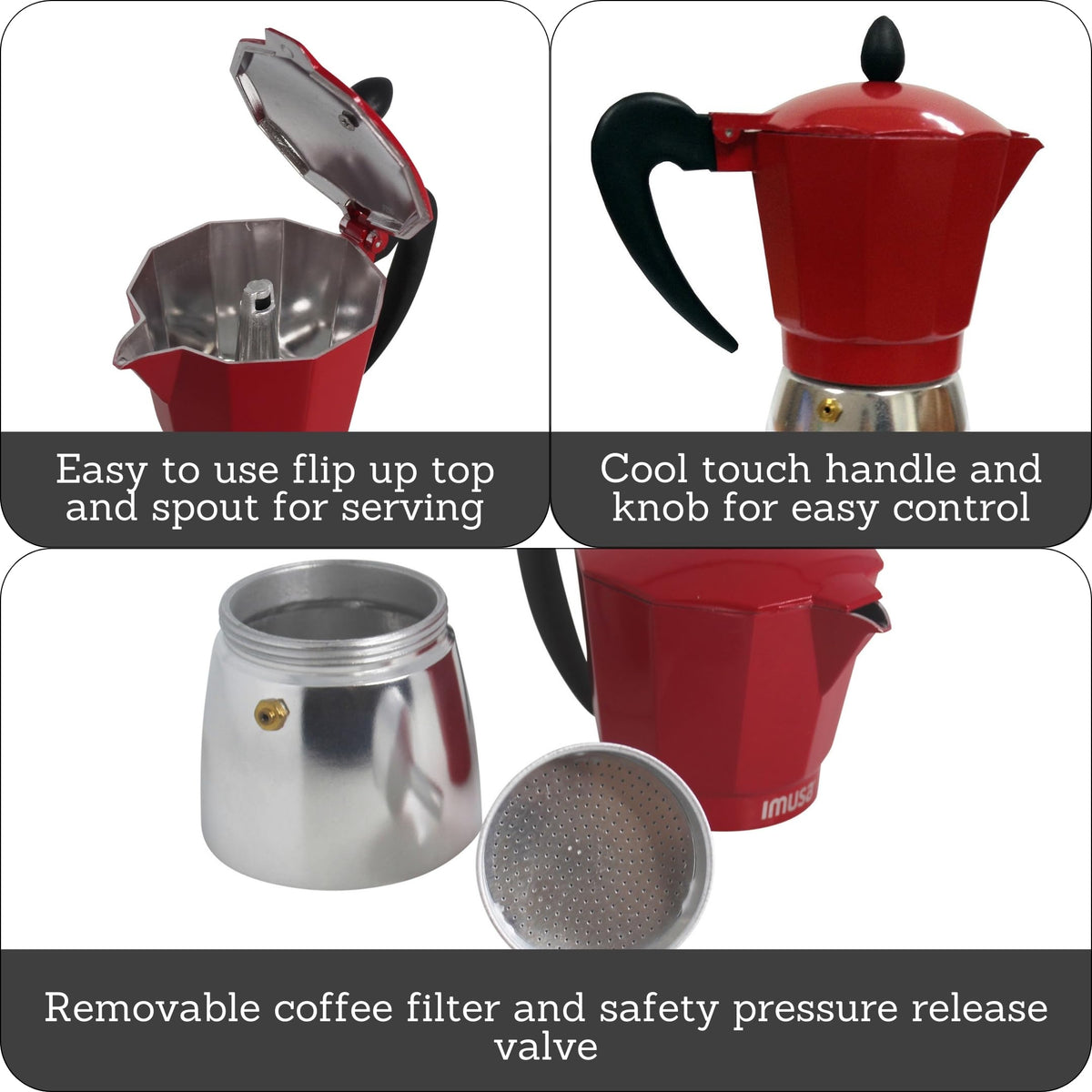 Imusa red stovetop coffeemaker top-cap showing secure seal for spill-free pouring.