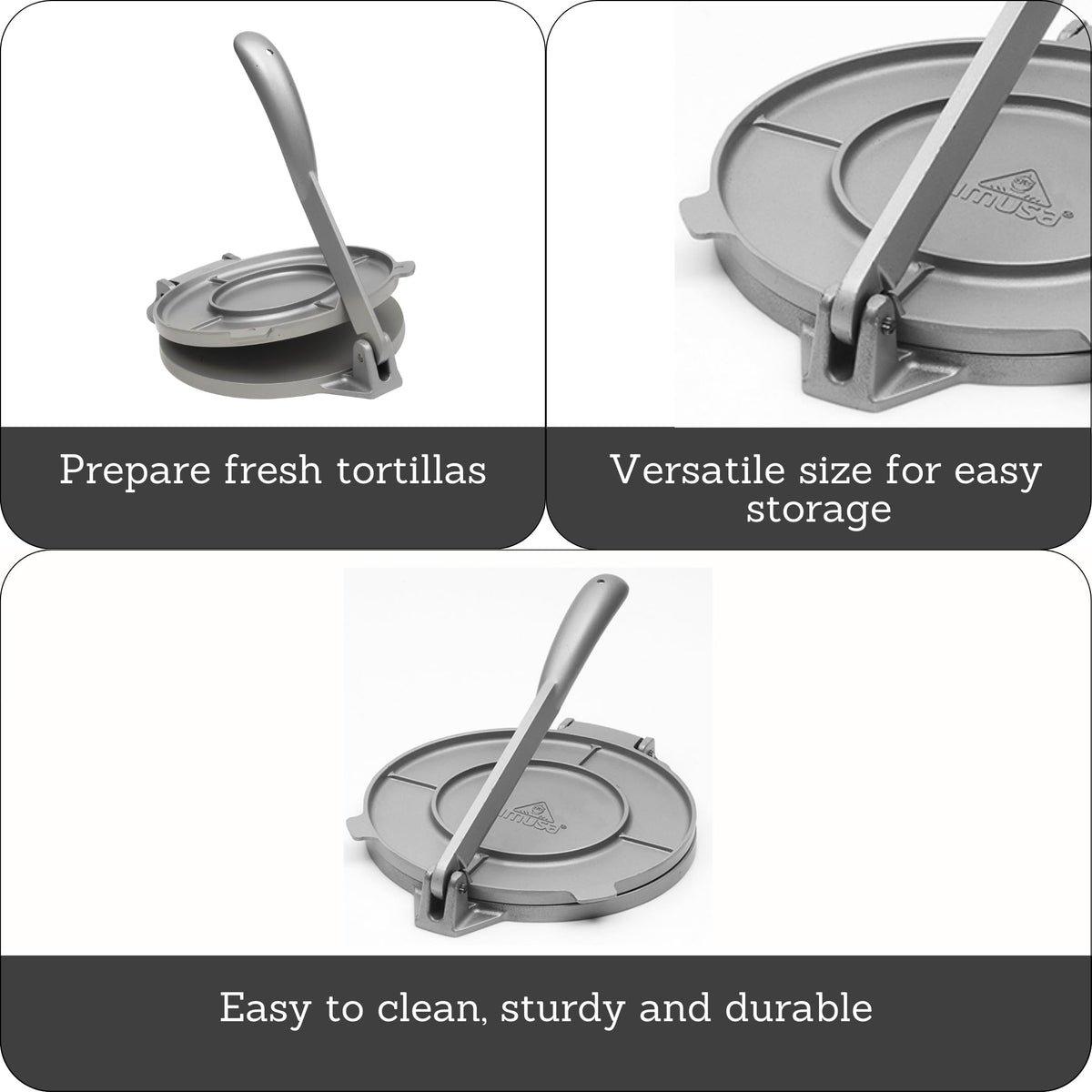 IMUSA tortilla press lever action simplifying flattening dough for even tortillas
