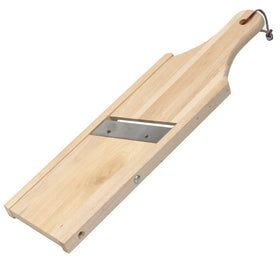 Imusa Mariquitera wood plantain slicer front view showing even, thin slices