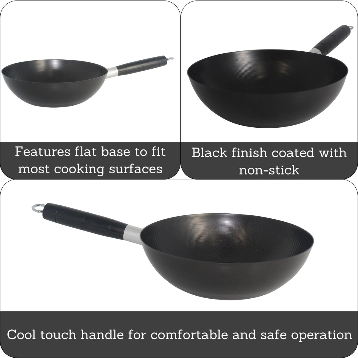 IMUSA nonstick wok close-up of the cool-touch Bakelite handle