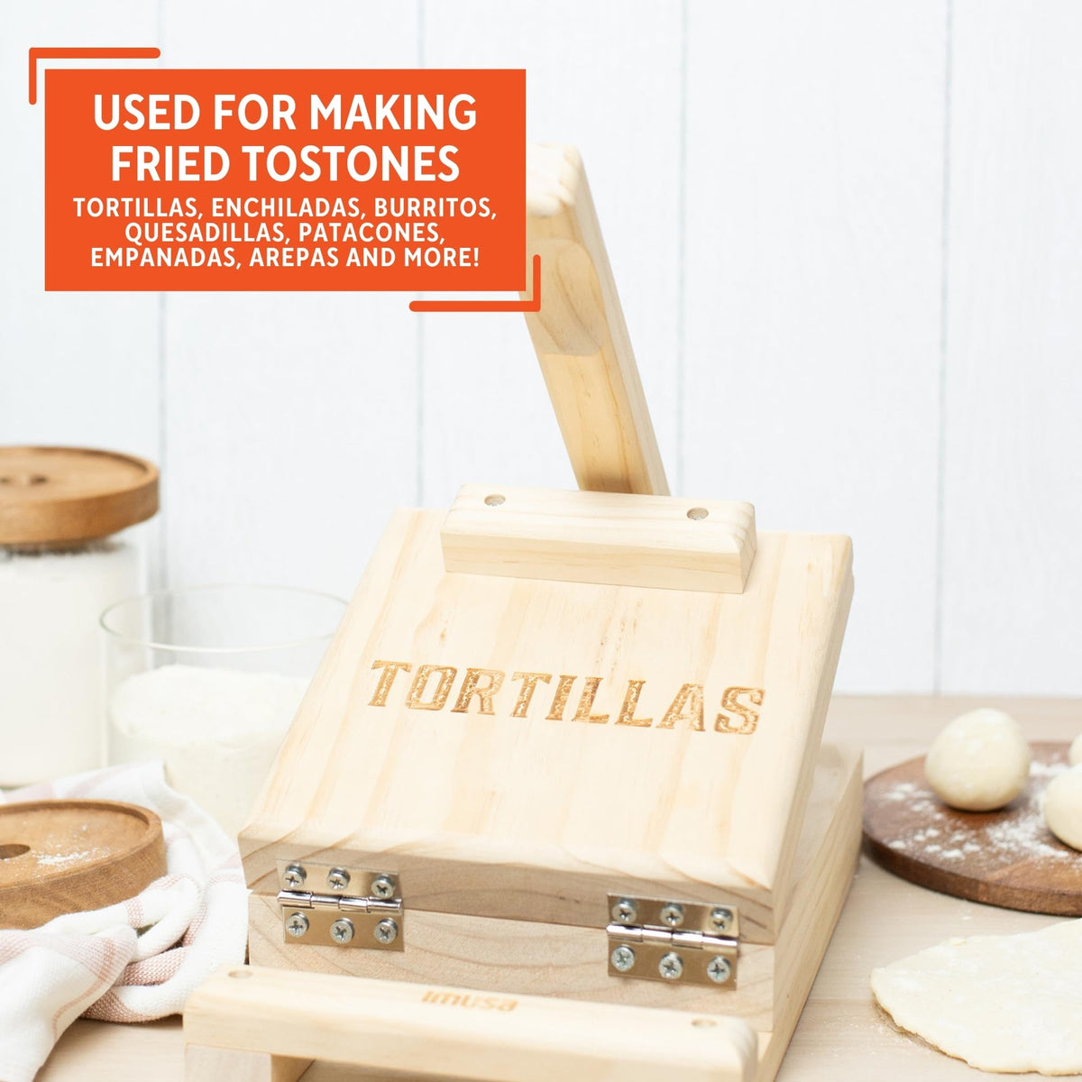 Imusa wooden body tortilla press offers durable design for reliable results