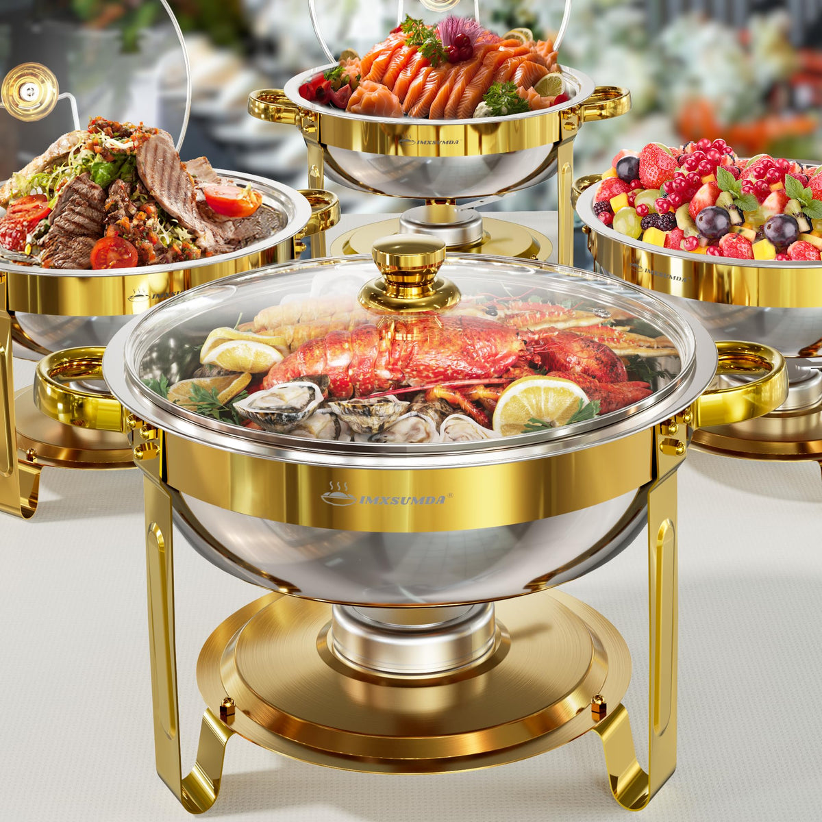 IMXSUMDA 5QT gold round chafing dish with glass lid keeps foods warm and visible.
