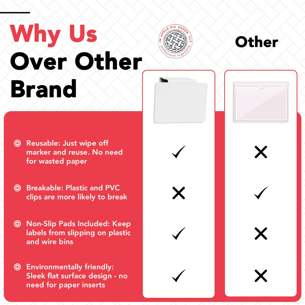 In Apple Pie white-finish bin labels blend with modern décor.