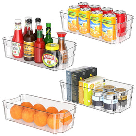 Incostar clear fridge organizer bin with handle for easy access and visibility.