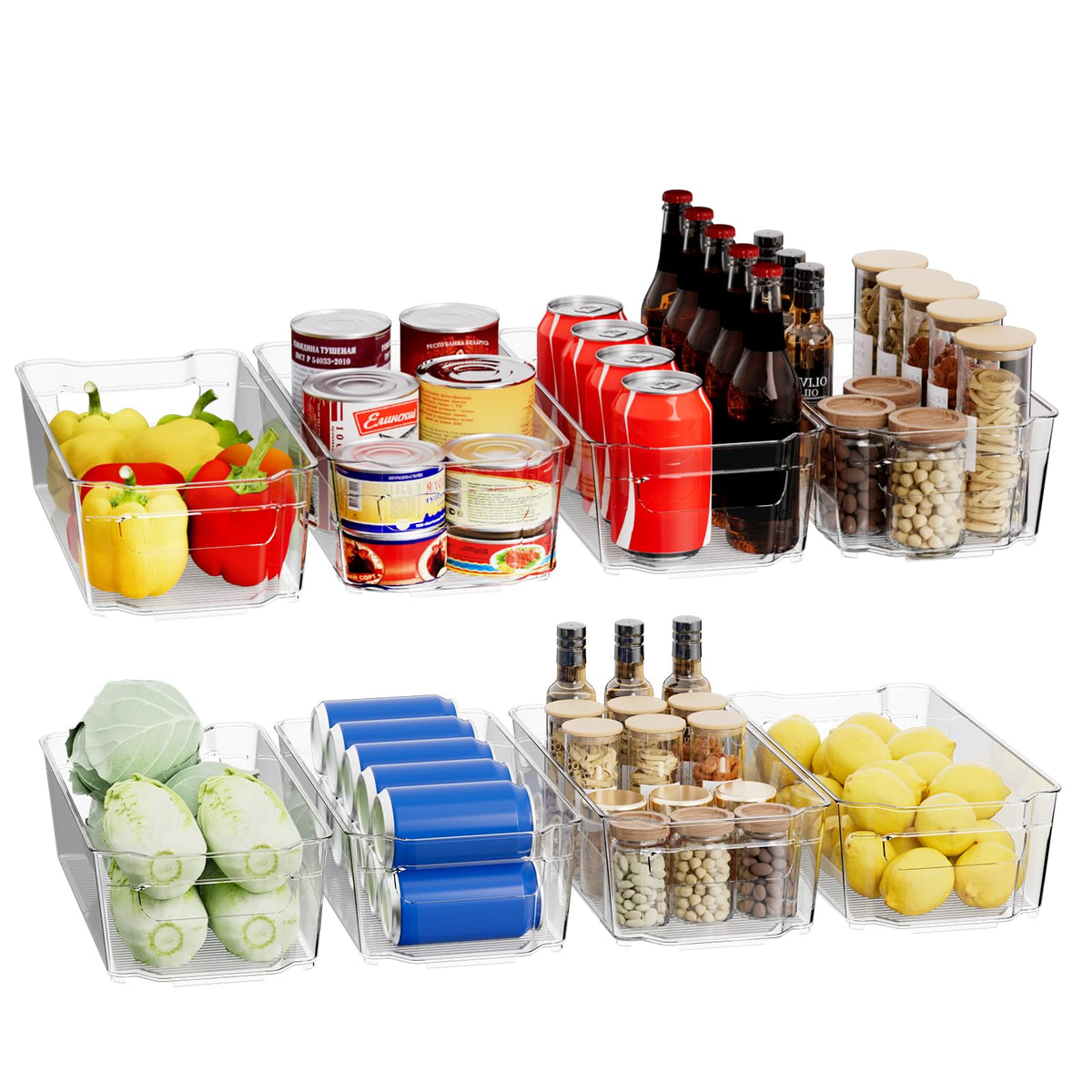 Incostar clear fridge organizer bin with built-in handles for easy slide-out.