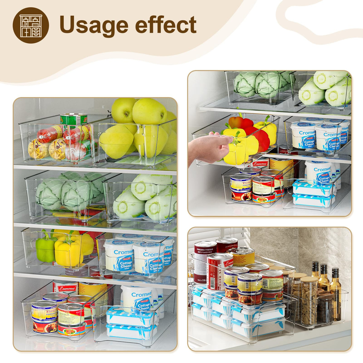 Incostar clear bins maximize fridge space and quick item identification.