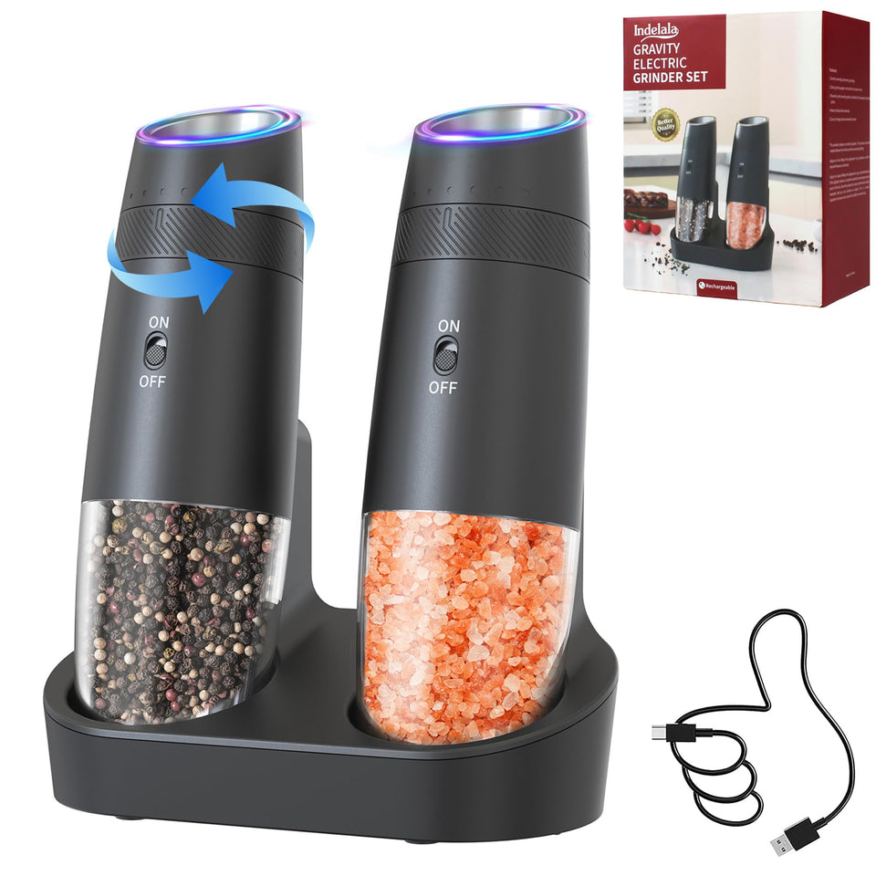 Indelala gravity grinder base with rechargeable dock for mess-free seasoning on any countertop.